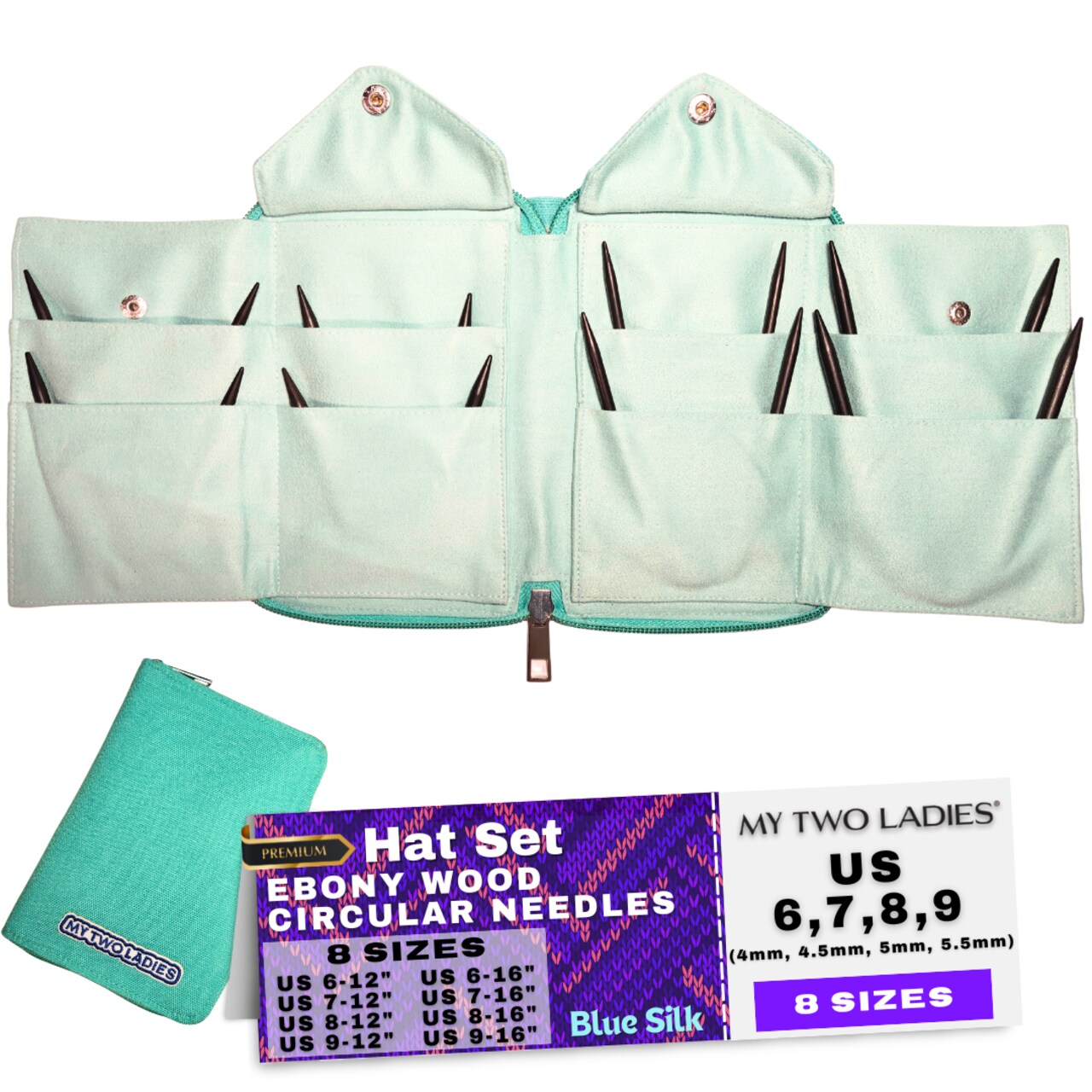 Blue Silk | Hat Set | Ebony Circular Knitting Needles | 8 Sizes | w/custom case